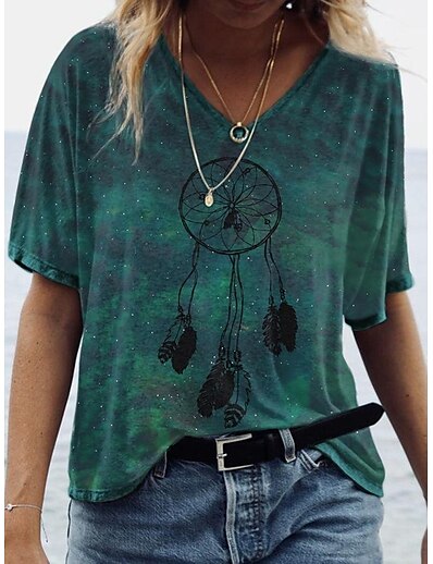 cheap Women&#039;s Tops-Women&#039;s T shirt Color Gradient Graphic V Neck Basic Ethnic Vintage Tops Green / 3D Print