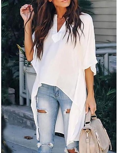 cheap Women&#039;s Tops-Women&#039;s Blouse Shirt Leopard V Neck Asymmetric Casual Streetwear Tops White Black Yellow