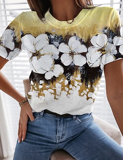 cheap Women&#039;s Tops-Women&#039;s Casual Holiday Weekend T shirt Tee Floral Painting Short Sleeve Floral Round Neck Print Basic Tops Blue Pink Yellow S / 3D Print