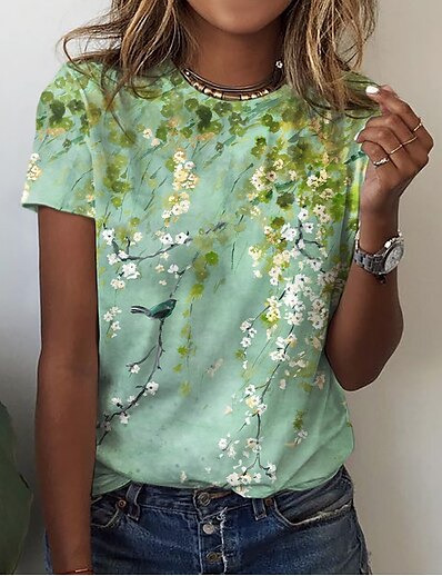 cheap Best Selling Tops-Women&#039;s Casual Holiday Weekend T shirt Tee Floral Painting Short Sleeve Floral Round Neck Print Basic Tops Green Gray Pink S / 3D Print