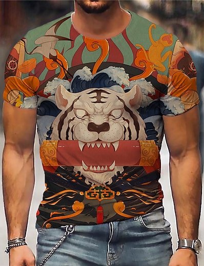 olcso Férfi 3D-Férfi Uniszex Póló Grafikai nyomatok Tigris 3D nyomtatás Terített nyak Utca Napi Rövid ujjú Nyomtatott Felsők Alkalmi Dizájn Nagy és magas Sportok Narancssárga / Nyár