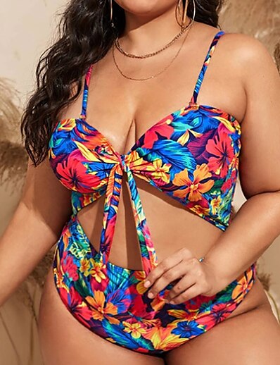 cheap Women-Women&#039;s Swimwear One Piece Monokini Bathing Suits Plus Size Swimsuit Floral Printing Blue Strap Bathing Suits Vacation Sexy New / Modern / Padded Bras