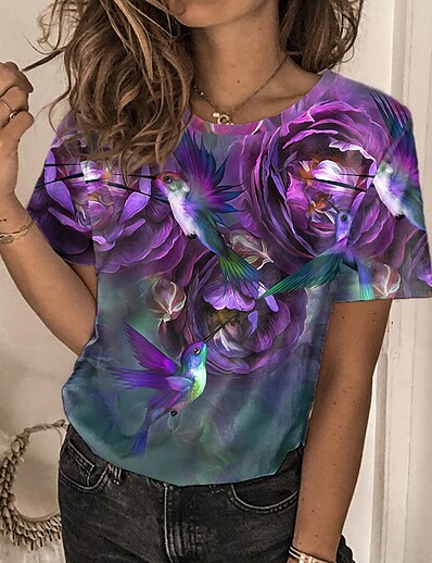 cheap Tees &amp; T Shirts-Women&#039;s Casual Weekend T shirt Tee Floral Painting Short Sleeve Floral Bird Round Neck Print Basic Tops Purple S / 3D Print