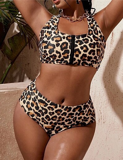 cheap Plus size-Women&#039;s Swimwear Bikini 2 Piece Plus Size Swimsuit Leopard Open Back Printing High Waisted Brown Scoop Neck Tank Top Bathing Suits Vacation Fashion New / Sexy / Modern / Padded Bras
