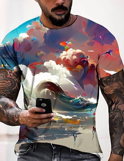 お買い得  メンズ3D-男性用 Tシャツ グラフィック 3Dプリント ラウンドネック カジュアル 日常 半袖 3Dプリント トップの ファッション デザイナー クール 快適 ブラック / 夏