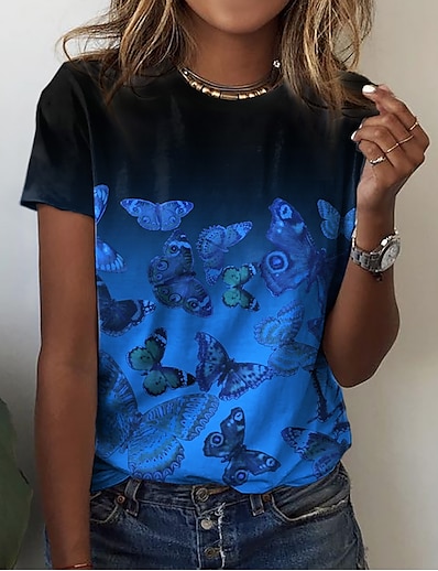 cheap Women&#039;s Tops-Women&#039;s Casual Weekend T shirt Tee Butterfly Painting Short Sleeve Butterfly Round Neck Print Basic Tops Green Blue Pink S / 3D Print