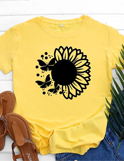cheap Women&#039;s Tops-Women&#039;s T shirt Butterfly Cat Butterfly Sunflower Round Neck Print Basic Tops 100% Cotton Green White Black