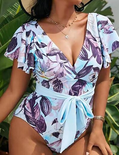 cheap Women-Women&#039;s Swimwear One Piece Monokini Bathing Suits Plus Size Swimsuit Floral Print Ruffle Printing Purple V Wire Bathing Suits Vacation Fashion New / Sexy / Modern / Padded Bras