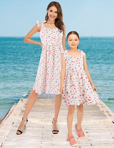 cheap Family Matching Outfits-Mommy and Me Dresses Daily Floral Graphic Print White Above Knee Sleeveless Strap Dress Adorable Matching Outfits / Spring / Summer / Cute