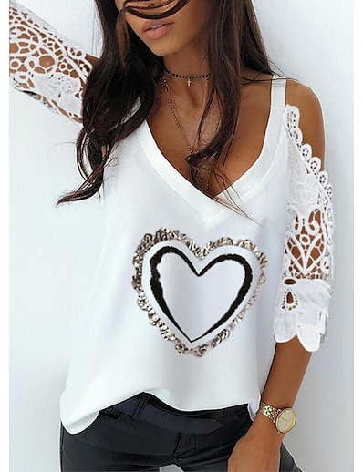 cheap Women&#039;s Tops-Women&#039;s T shirt Painting Heart V Neck Cut Out Lace Cold Shoulder Basic Tops White Black Pink / Print