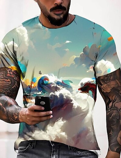 お買い得  メンズ3D-男性用 Tシャツ グラフィック 3Dプリント ラウンドネック カジュアル 日常 半袖 3Dプリント トップの ファッション デザイナー クール 快適 ブルー / 夏