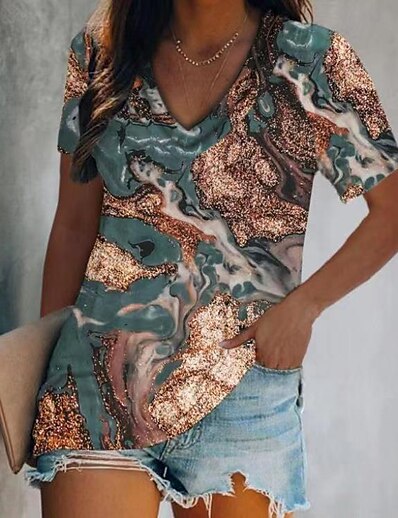 cheap Women&#039;s Tops-Women&#039;s T shirt Geometric Painting Striped Galaxy Graphic V Neck Patchwork Print Beach Tops Dusty Blue / 3D Print