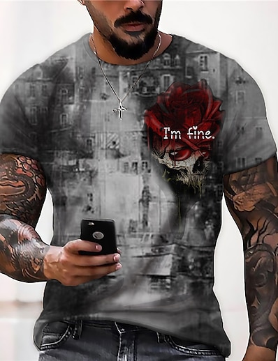 cheap Men&#039;s Tops-Men&#039;s Unisex T shirt Tee Graphic Prints Rose 3D Print Crew Neck Street Daily Short Sleeve Print Tops Casual Vintage Designer Big and Tall Gray / Summer