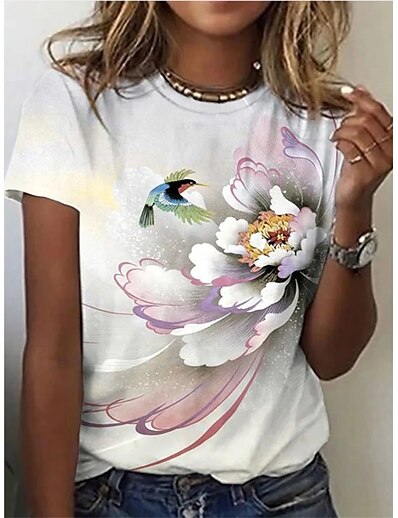 cheap Women&#039;s Tops-Women&#039;s T shirt Flower Bird Round Neck Patchwork Print Basic Tops White / 3D Print