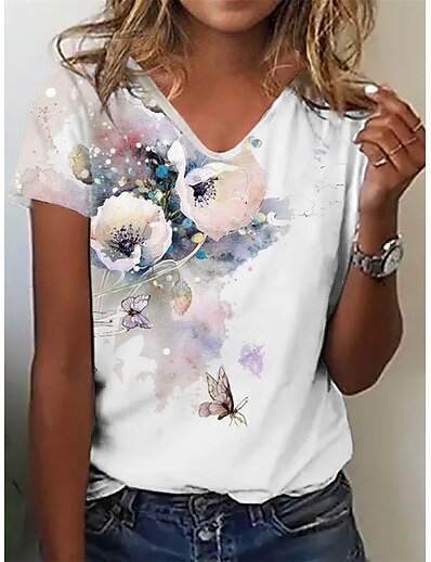 cheap Women&#039;s Tops-Women&#039;s Casual Daily T shirt Tee Floral Butterfly Short Sleeve Floral Plants Butterfly V Neck Print Basic Tops White S / 3D Print