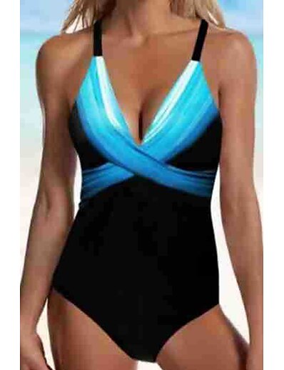 cheap Plus size-Women&#039;s Swimwear One Piece Monokini Bathing Suits Plus Size Swimsuit Gradient Color Open Back Printing for Big Busts Blue V Wire Bathing Suits Vacation Fashion New / Modern / Padded Bras