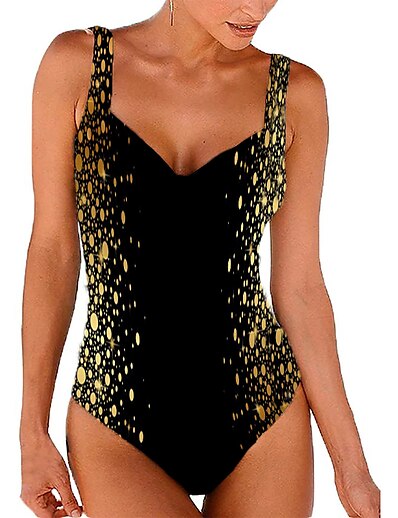 cheap Plus size-Women&#039;s Swimwear One Piece Monokini Bathing Suits Plus Size Swimsuit Round Dots High Waisted for Big Busts Golden Black V Wire Padded Bathing Suits Vacation Sexy Sports / Strap / New / Strap