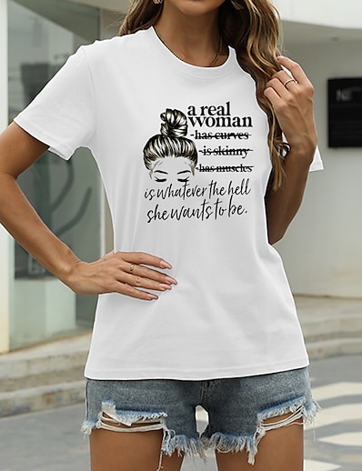 cheap Women&#039;s Tops-Women&#039;s T shirt Graphic Letter Round Neck Print Basic Tops 100% Cotton Green Blue White