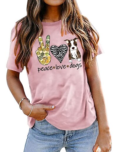 cheap Women&#039;s Tops-Women&#039;s T shirt Dog Heart Letter Round Neck Print Basic Tops 100% Cotton Green White Pink