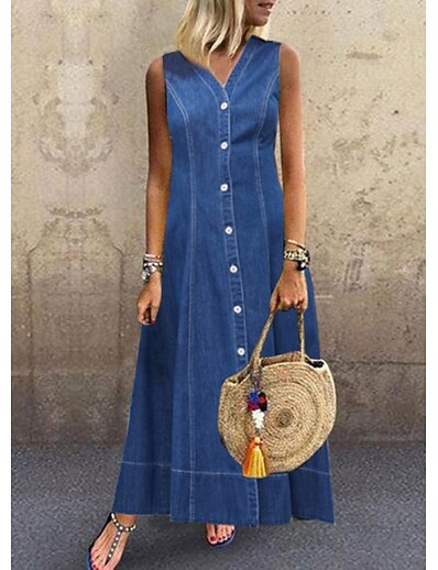 cheap Dresses-Women&#039;s Maxi long Dress A Line Dress Blue Sleeveless Ruched Solid Color V Neck Spring Summer Casual Sexy 2022 S M L XL XXL 3XL / Denim Dress