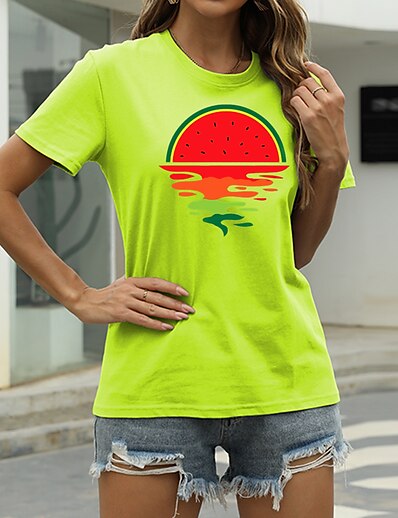 cheap Women&#039;s Tops-Women&#039;s T shirt Graphic Fruit Round Neck Print Basic Tops 100% Cotton Green White Black