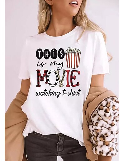 cheap Women&#039;s Tops-Women&#039;s T shirt Painting Plaid Leopard Text Round Neck Print Basic Tops White