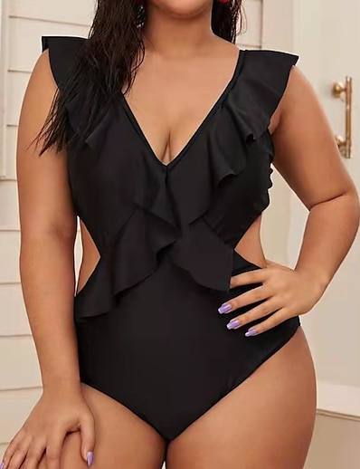 cheap Plus size-Women&#039;s Swimwear One Piece Monokini Bathing Suits Plus Size Swimsuit Pure Color Backless Water Sports Ruffle Hole Black V Wire Bathing Suits Vacation Sexy New / Modern / Padded Bras