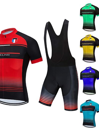 cheap Cycling-21Grams® Men&#039;s Cycling Jersey with Bib Shorts Short Sleeve Mountain Bike MTB Road Bike Cycling Green Sky Blue Red Stripes Bike Spandex Polyester Clothing Suit 3D Pad Breathable Quick Dry Moisture