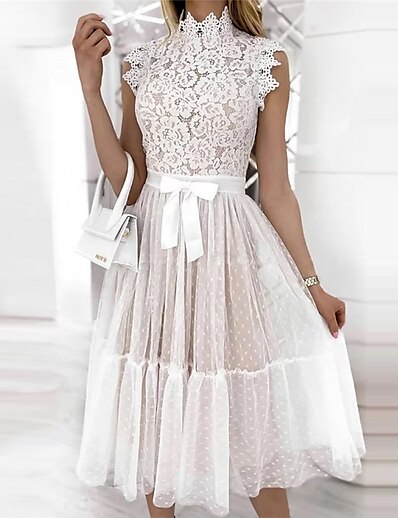 cheap Dresses-Women&#039;s Midi Dress A Line Dress White Black Pink Sleeveless Lace Pure Color Stand Collar Spring Summer Elegant Romantic Modern 2022 S M L XL XXL