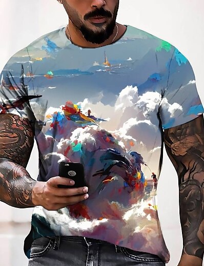 お買い得  メンズ3D-男性用 Tシャツ グラフィック 3Dプリント ラウンドネック カジュアル 日常 半袖 3Dプリント トップの ファッション デザイナー クール 快適 ホワイト / 夏