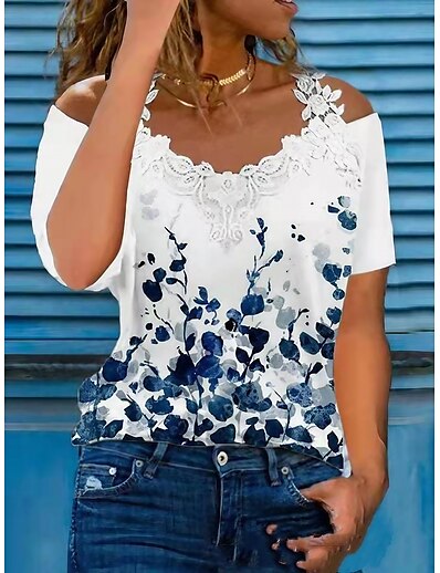 abordables Vêtements Femme-Femme T-shirt Epaules Dénudées Dentelle du quotidien Fleur Tee-shirt Epaules Dénudées Eté Standard Blanche