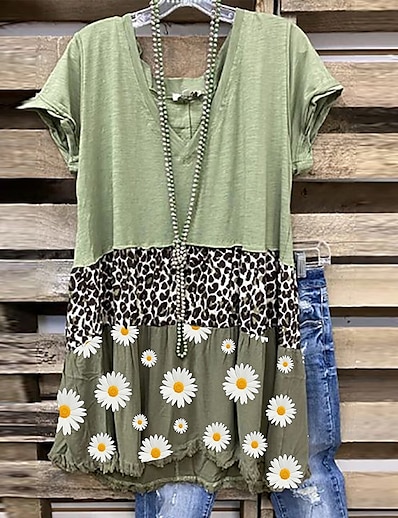 cheap Women&#039;s Tops-Women&#039;s Plus Size Tops T shirt Leopard Daisy Short Sleeve Print Streetwear V Neck Polyester Daily Vacation Spring Summer Green