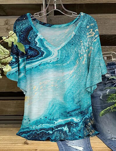 cheap Women&#039;s Tops-Women&#039;s T shirt Hawaii Scenery Tie Dye Leopard V Neck Print Basic Tops Loose Peach Light Blue / 3D Print