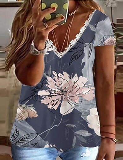 cheap Plus size-Women&#039;s Plus Size Tops T shirt Floral Striped Short Sleeve Lace Trims Print Streetwear V Neck Cotton Blend Daily Going out Spring Summer Blue Gray
