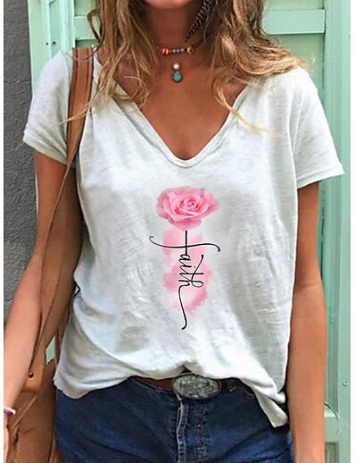 cheap Women&#039;s Tops-Women&#039;s T shirt Floral Theme Floral Plants V Neck Print Basic Tops White