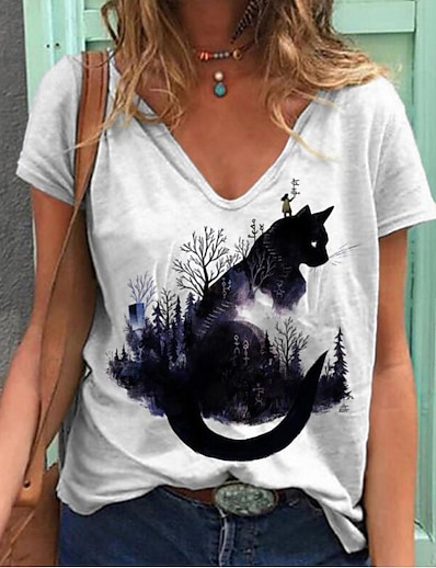 cheap Women&#039;s Tops-Women&#039;s Casual Weekend T shirt Tee Cat Painting Short Sleeve Cat Dog Animal V Neck Print Basic Tops White Black Gray S / 3D Print