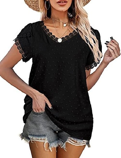 cheap Women&#039;s Tops-Women&#039;s Casual Daily T shirt Tee Short Sleeve Plain Round Neck Lace Basic Elegant Tops Green White Black S