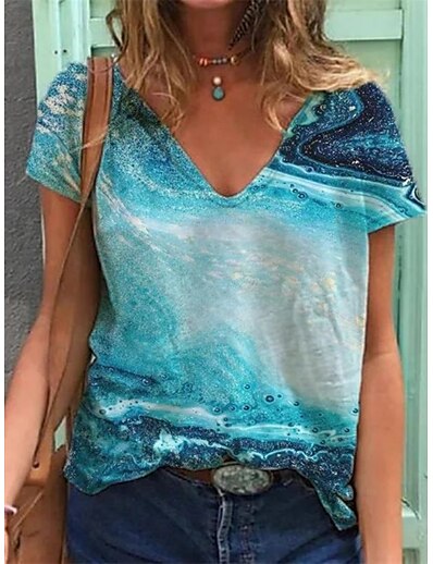 cheap Women&#039;s Tops-Women&#039;s Daily T shirt Tee Geometric Short Sleeve Graphic Geometric V Neck Print Basic Tops Blue Purple Peach S / 3D Print