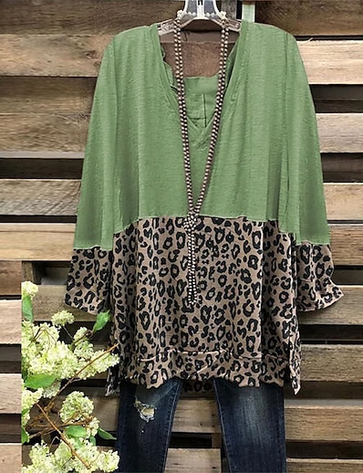 cheap Best Selling Tops-Women&#039;s Plus Size Tops T shirt Tee Leopard Long Sleeve Patchwork Print Streetwear V Neck Polyester Daily Vacation Spring Summer Green Coffee
