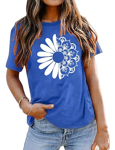 cheap Women&#039;s Tops-Women&#039;s T shirt Graphic Flower Round Neck Print Basic Tops 100% Cotton Green White Black