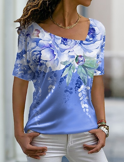billige Overdele til damer-Dame T-shirt Blomster Tema Maleri Blomstret V-hals Trykt mønster Basale Toppe Grøn Blå Lilla / 3D-udskrivning