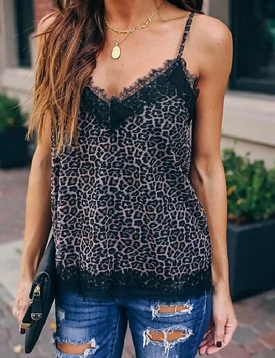 cheap Women&#039;s Tops-2020 amazon wish aliexpress new lace stitching leopard print v-neck sexy loose sling 8501