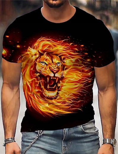 billiga 3D för män-Herr Unisex T-shirt Grafiska tryck Lejon Låga 3D-tryck Rund hals Gata Dagligen Kortärmad Mönster Blast Ledigt Designer Stor och hög Sport Svart / Sommar