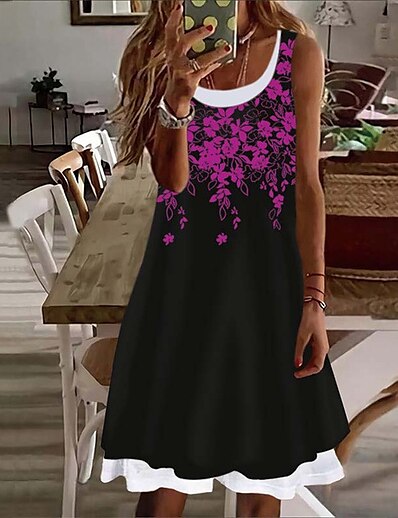 cheap Dresses-Women&#039;s Knee Length Dress A Line Dress Blue Black Pink Fuchsia Red Sleeveless Print Print Crew Neck Spring Summer Casual 2022 M S L XL XXL 3XL 4XL 5XL