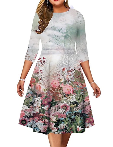 cheap Plus size-Women&#039;s Plus Size Floral A Line Dress Print Round Neck 3/4 Length Sleeve Casual Spring Summer Causal Daily Midi Dress Dress