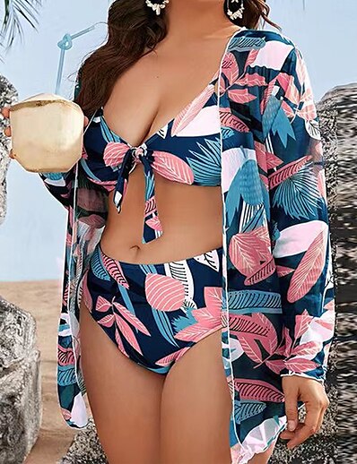 cheap Plus size-Women&#039;s Swimwear Bikini Three Piece Plus Size Swimsuit Trees / Leaves Open Back Printing Green Navy Blue V Wire Shirt Bathing Suits Vacation Fashion New / Sexy / Modern / Padded Bras