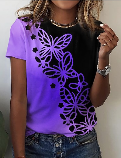 저렴한 여성 상의-여성용 T 셔츠 버터플라이 페인팅 버터플라이 컬러 블럭 라운드 넥 프린트 베이직 탑스 푸른 퍼플 블러슁 핑크 / 3D 인쇄