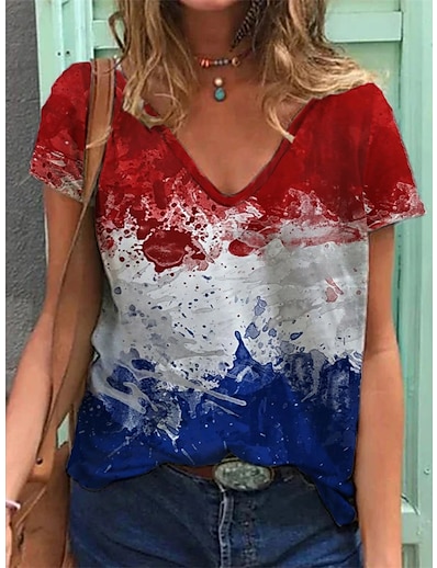 cheap Women&#039;s Tops-Women&#039;s T shirt Painting Graffiti V Neck Print Basic Tops Red / 3D Print