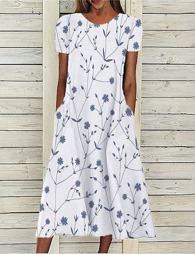 cheap Dresses-Women&#039;s Midi Dress A Line Dress White Short Sleeve Pocket Print Floral Round Neck Spring Summer Stylish Casual Modern 2022 M S L XL XXL 3XL