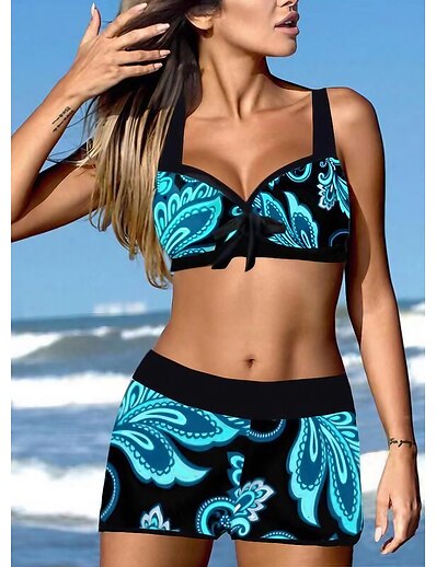 cheap Plus size-Women&#039;s Swimwear Bikini 2 Piece Plus Size Swimsuit Open Back Blue V Wire Halter Bathing Suits Vacation Fashion New / Modern / Padded Bras